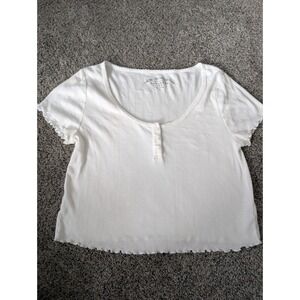 Aeropostale Shrunken Tee White Ribbed Henley Lettuce Edge Scoop Neck XL